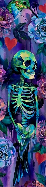 Free colorful bookmark featuring a vivid blue skeleton illustration